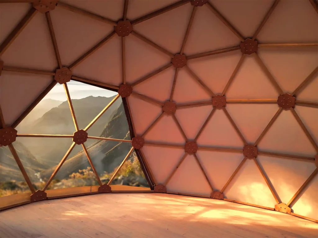 Sunrise inside a wooden mountain geodesic dome made by Domeciel