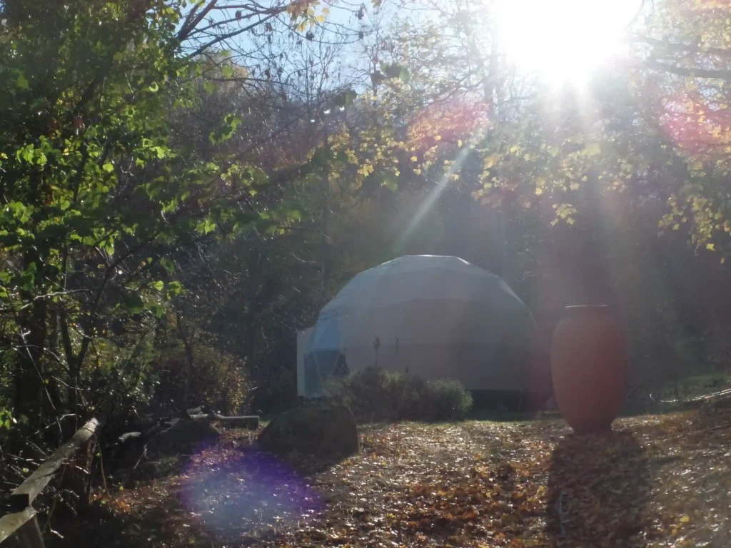 Wooden geodesic dome made by Domeciel under the autumn sun